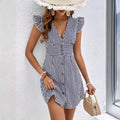 Women's Summer Shirt Dress with V-neck, Single Button Closure and Fly Sleeves, with Elegant Striped Print and Splicing Details
