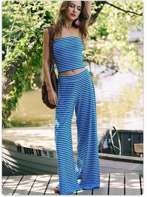 Printed striped tube top and pants set