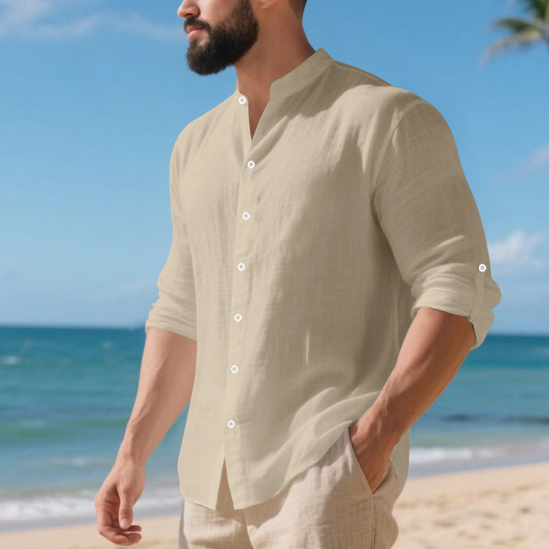 Conjunto de camisa informal de lino con cuello alto y pantalón holgado para hombre.
