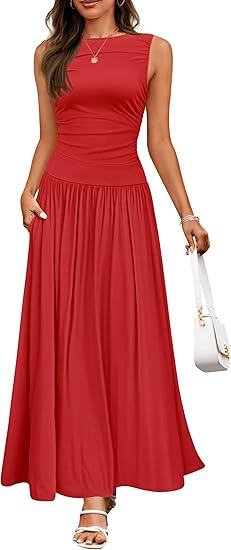 Vestido largo de verano sin mangas para mujer, estilo casual, cuello redondo, plisado, elegante, con bolsillos.