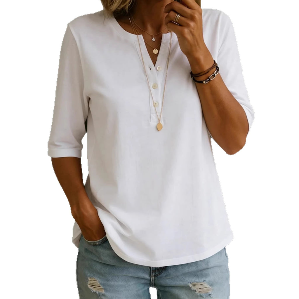 Camisa de manga corta con botones, de algodón liso para mujer.