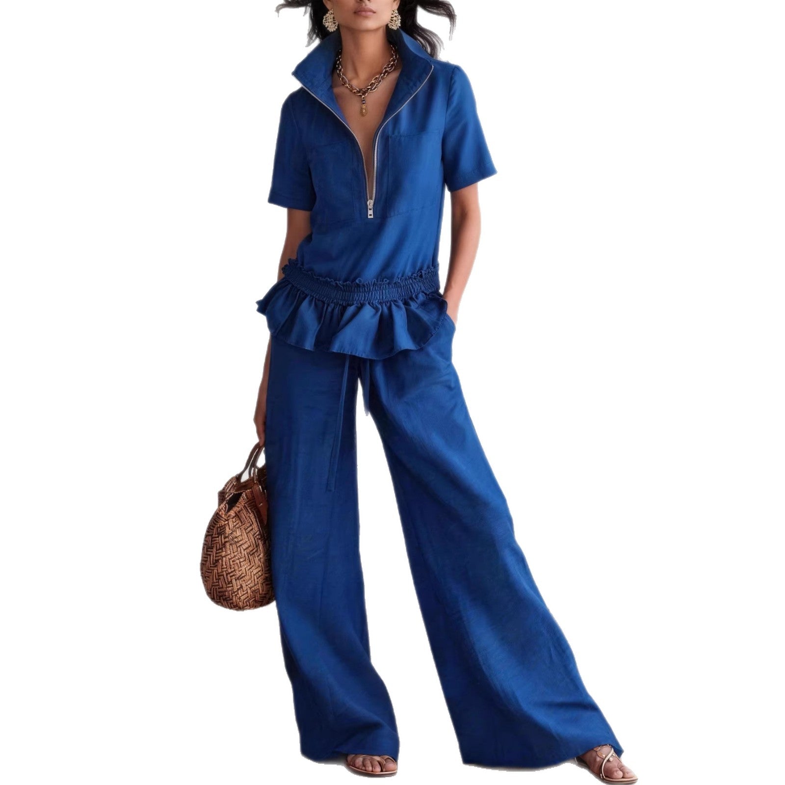 Conjunto de pantalón ancho y camisa de color liso para mujer.