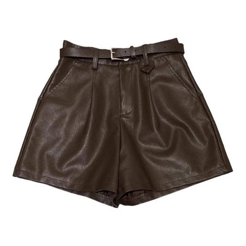 Pantalones Cortos Piel Sintética Negra Corte A Pierna Ancha para Mujer
