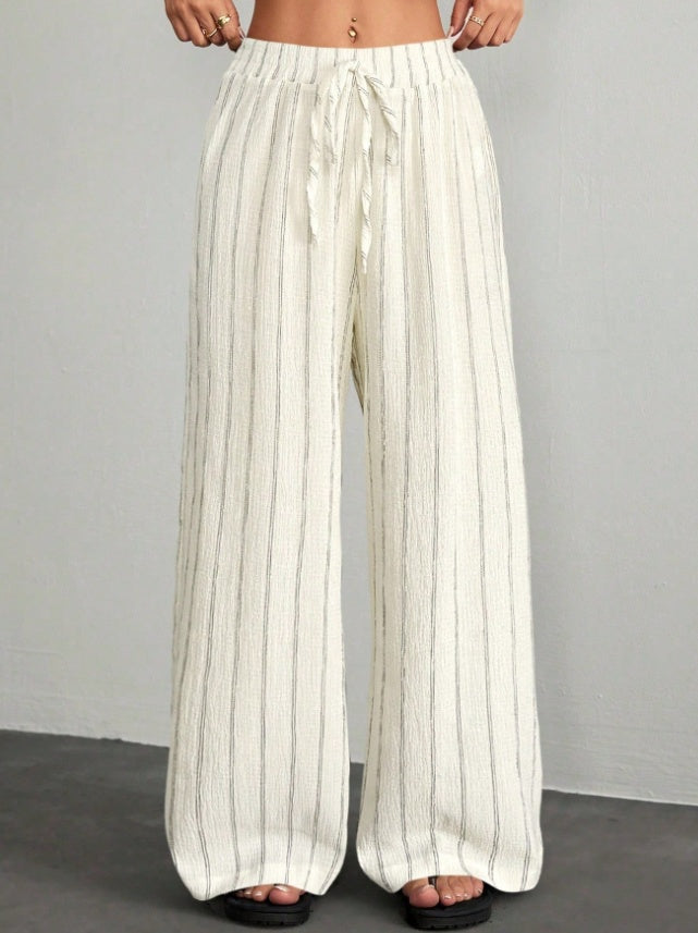Pantalones anchos de mujer con textura a rayas y cintura elástica