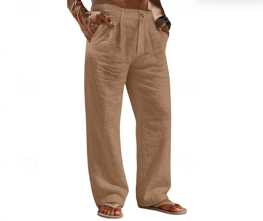 Pantalones de lino cómodos para vacaciones con bolsillos abotonados