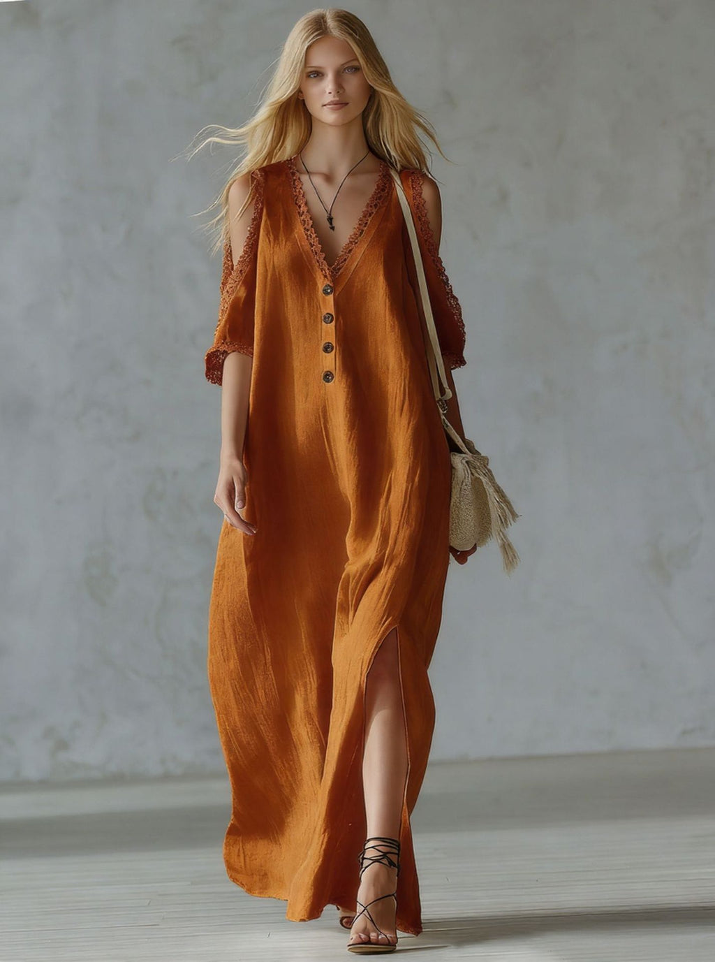 Nuevo vestido casual de mujer de corte holgado con ribete de encaje.