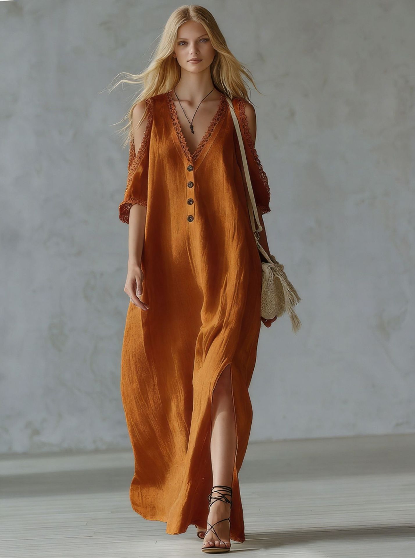 Nuevo vestido casual de mujer de corte holgado con ribete de encaje.