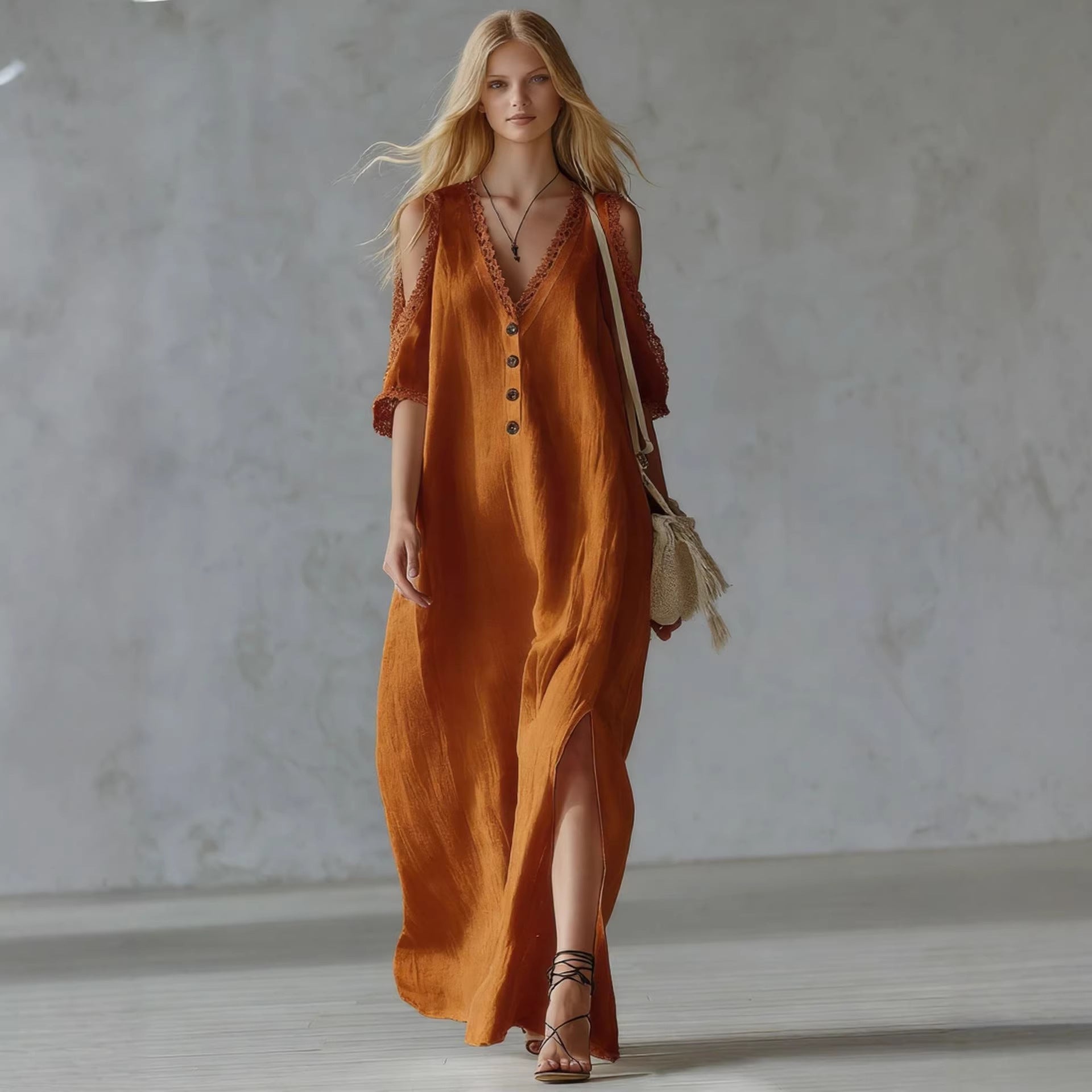 Nuevo vestido casual de mujer de corte holgado con ribete de encaje.