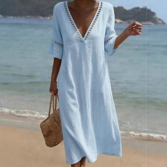 Vestido Holgado de Algodón y Lino con Encaje y Escote en V