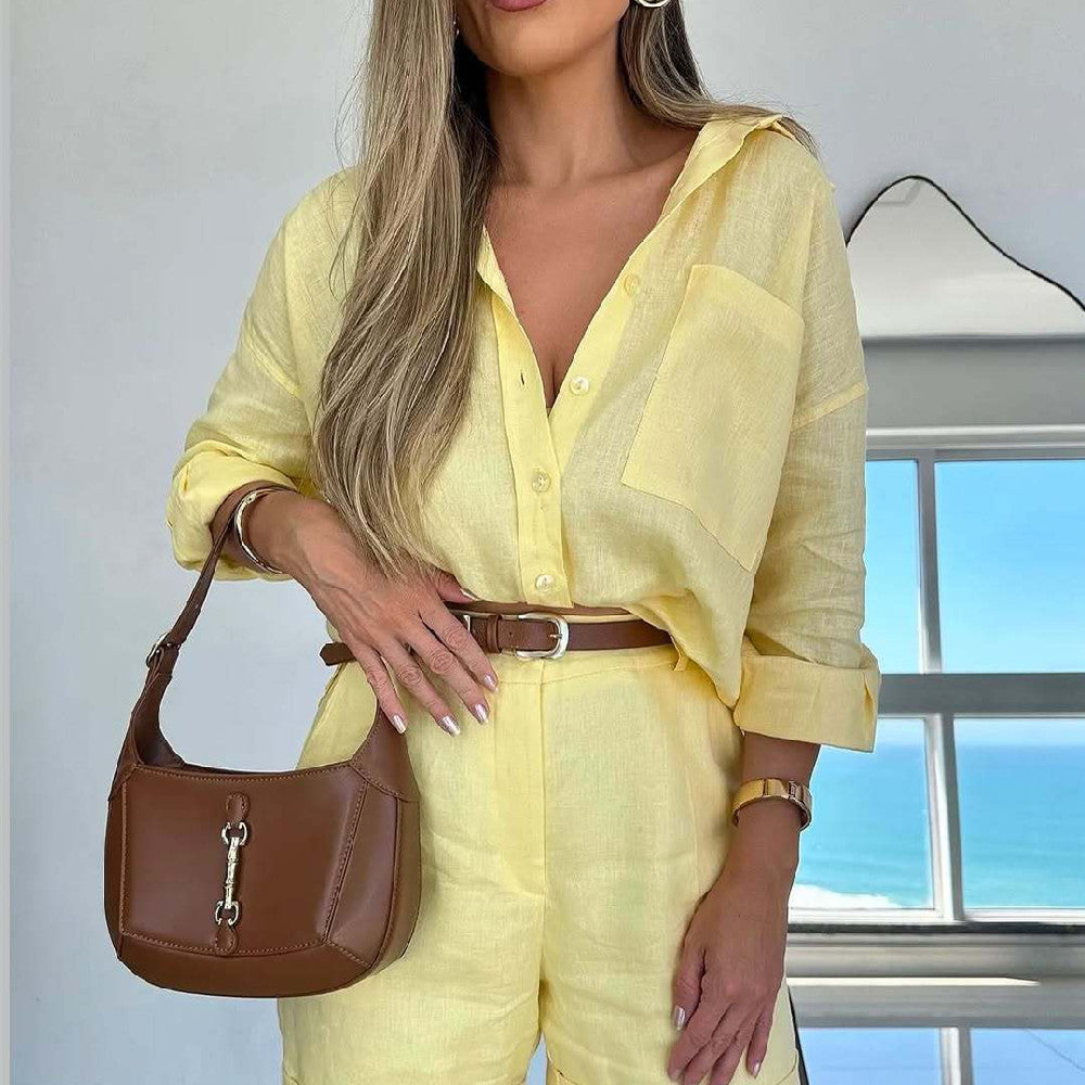Conjunto informal de camisa de manga larga y pantalones cortos para mujer