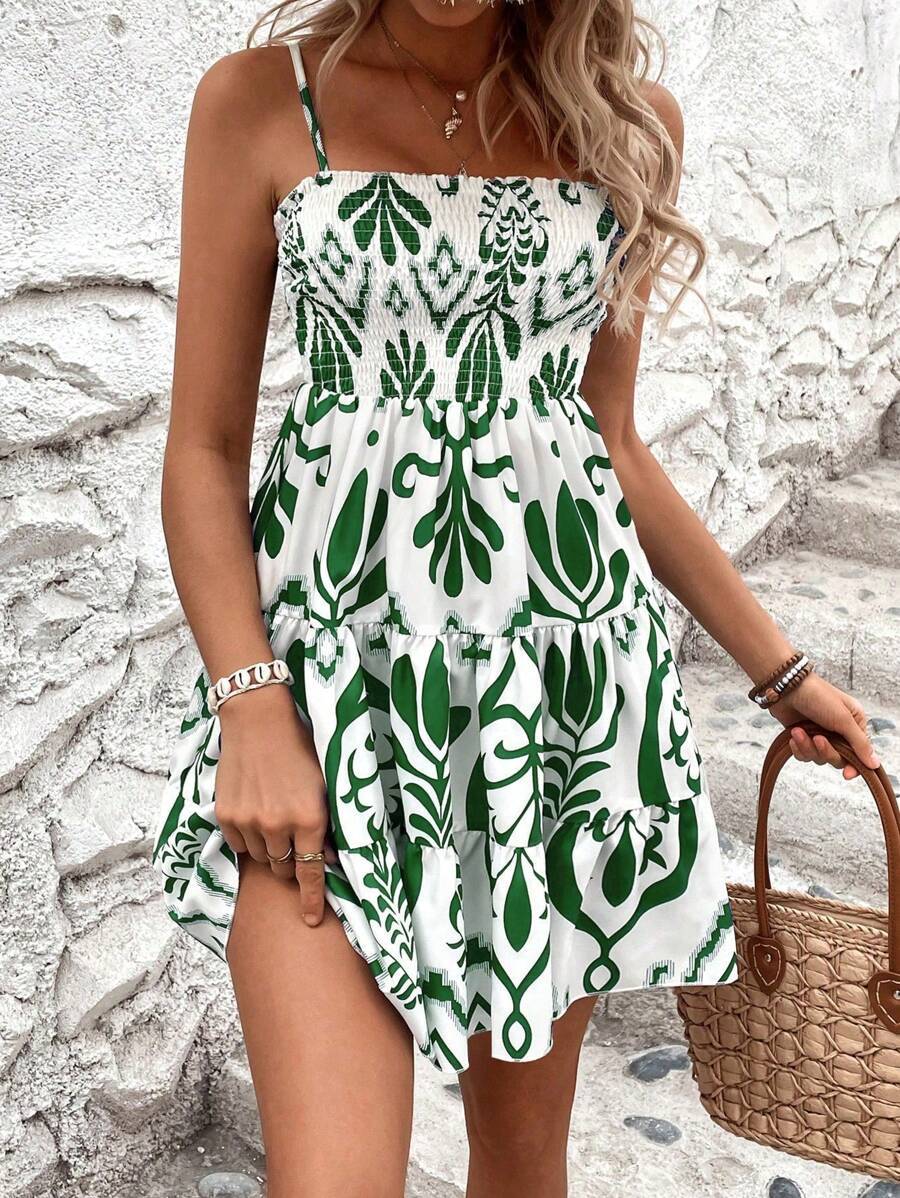 Vestido de tirantes fruncido con estampado vegetal para mujer