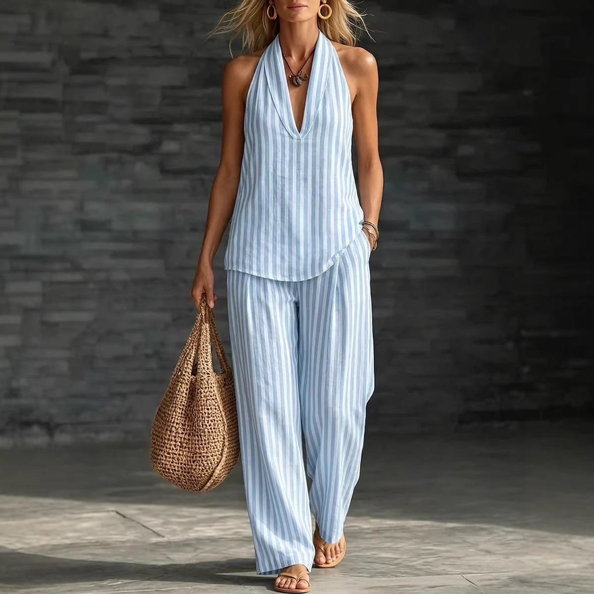 Conjunto de dos piezas a la moda para mujer: pantalón ancho a rayas.