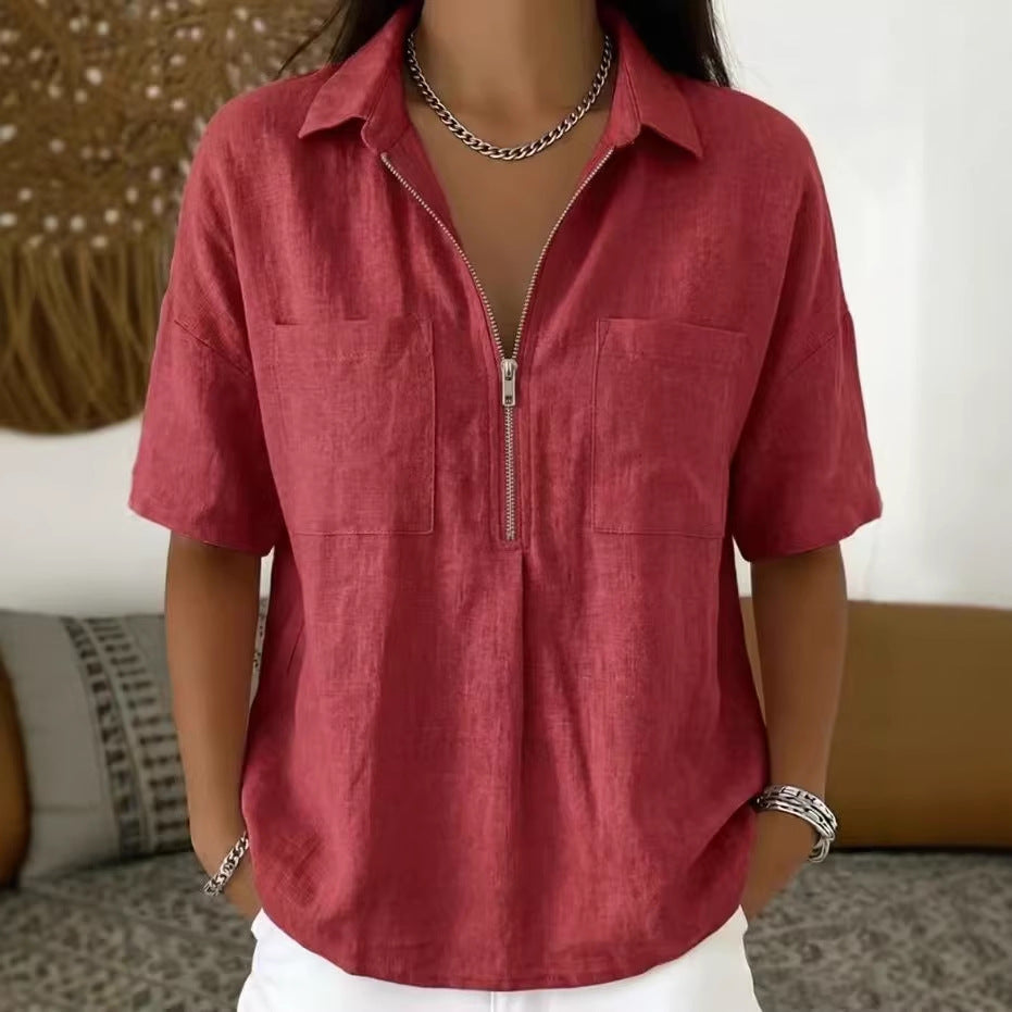 Camisa Informal Manga Corta Cuello V Cremallera Holgada para Mujer