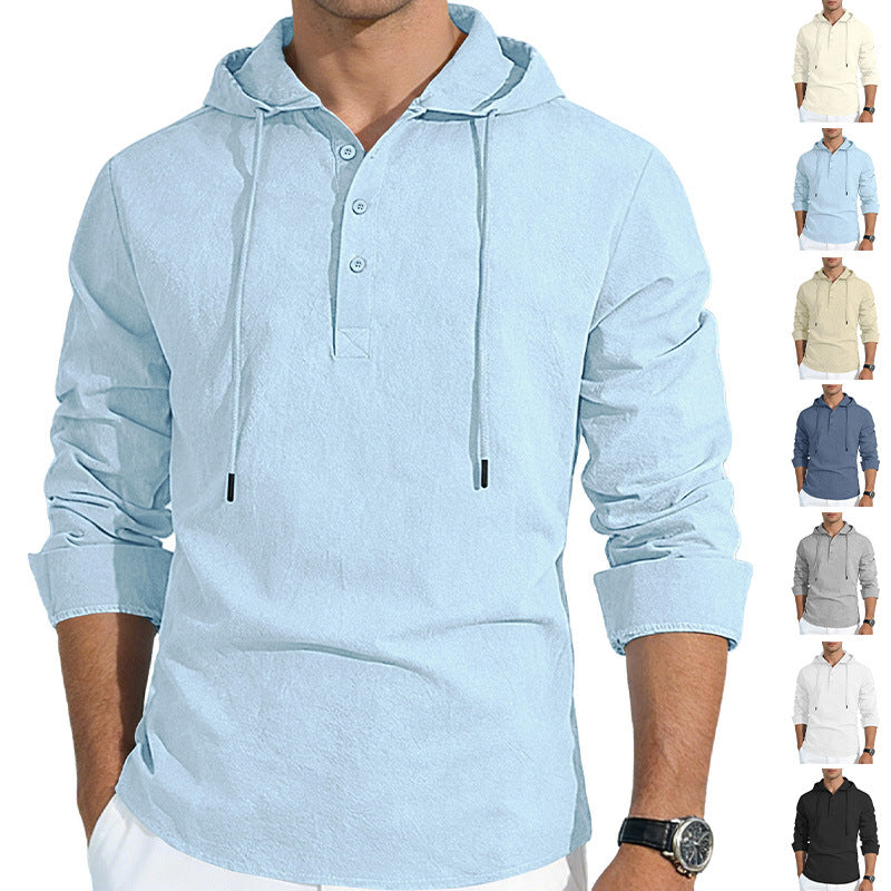 Camisa versátil de algodón y lino de color liso con botones, perfecta tanto para vacaciones como para uso diario.