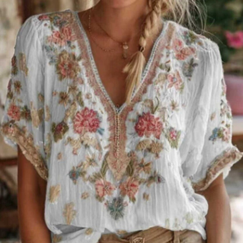 Top de mujer de manga corta, elegante, artístico y de estilo retro con escote en V.