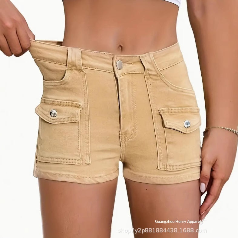 Pantalones cortos vaqueros elásticos multibolsillos para mujer