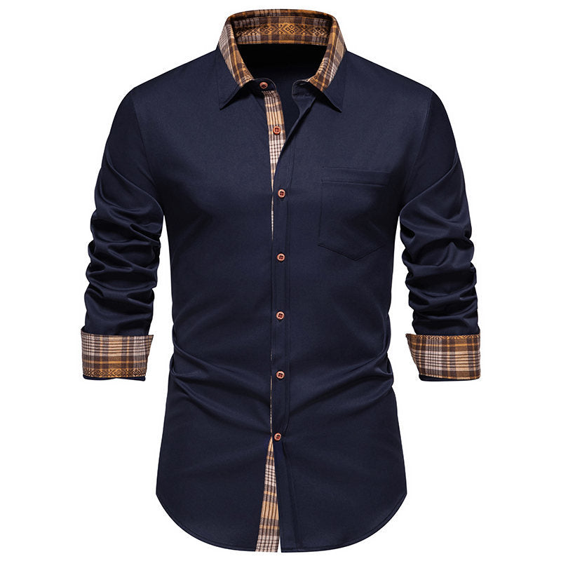 Camisa de manga larga para hombre con estampado de cuadros y costuras en contraste.