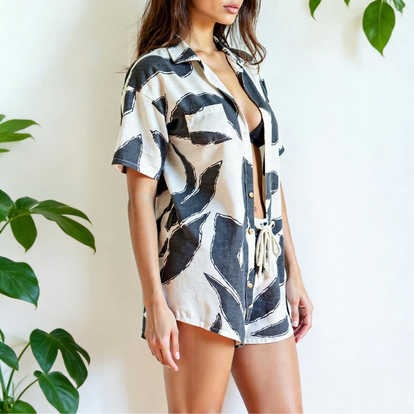 Conjunto de camisa y shorts estampados cómodos e informales para mujer, ideal para vacaciones