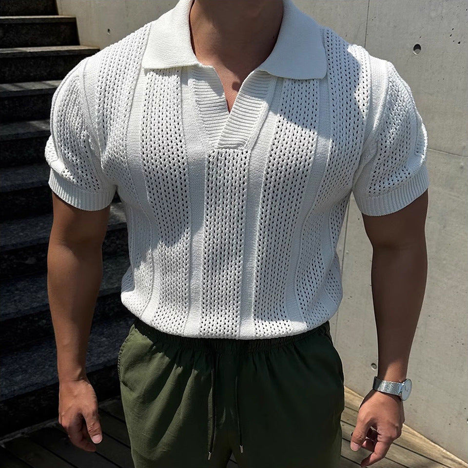 Polo de seda helada calada para hombre con cuello de solapa