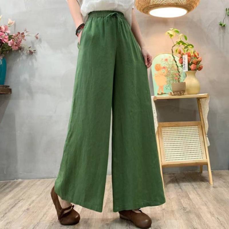 Pantalones holgados de talle alto de algodón y lino para mujer