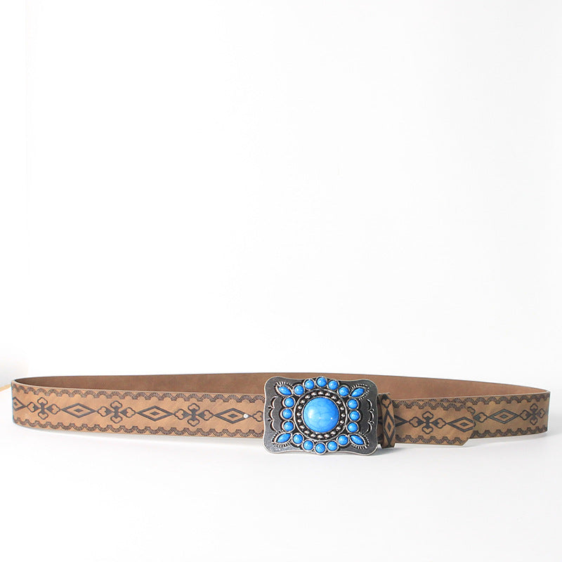 Cinturón con hebilla de aleación de plata antigua y azul turquesa con relieve retro