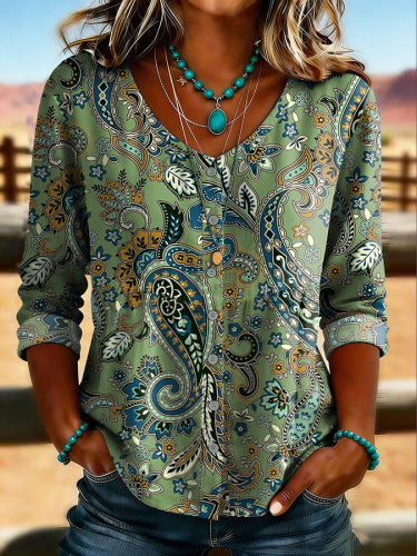 Camisa Henley para mujer con estampado floral en 3D