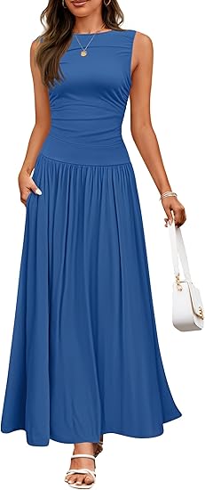 Vestido largo de verano sin mangas para mujer, estilo casual, cuello redondo, plisado, elegante, con bolsillos.