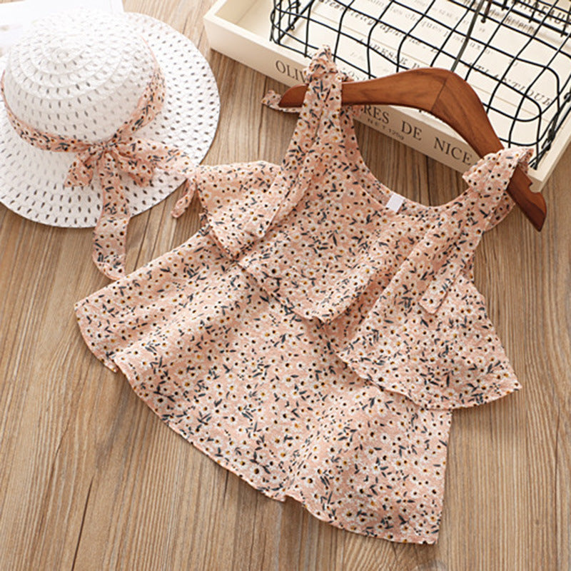 Conjunto de Dos Piezas con Tirantes Floral y Pantalones Cortos para Niña — Estilo Coreano