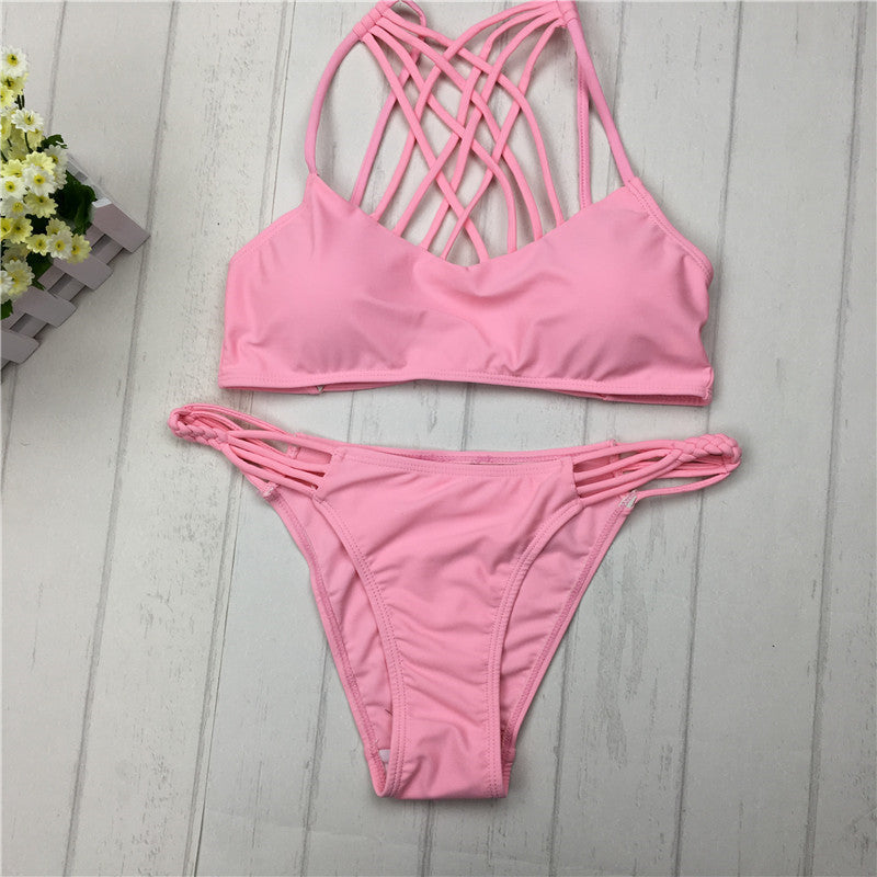 Bikinis con aberturas, bikini rosa sexy con tiras y escote halter, traje de baño para mujer, traje de baño para mujer