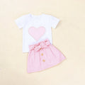Girl's summer outfit white short-sleeve skirt with bow and pearls