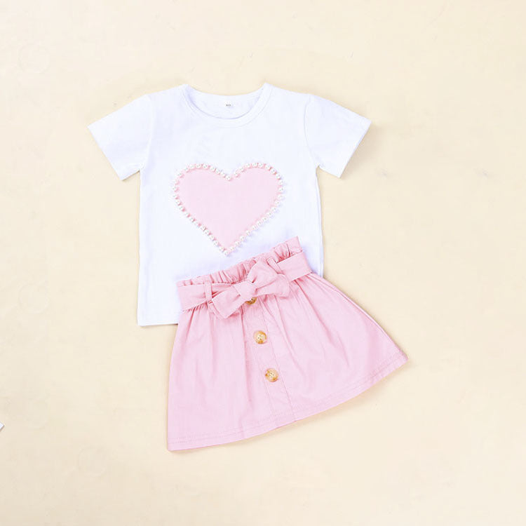 Girl's summer outfit white short-sleeve skirt with bow and pearls