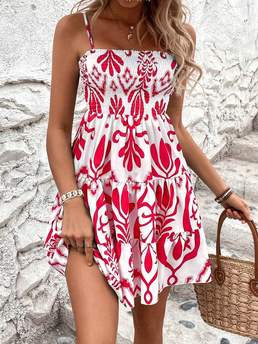 Vestido de tirantes fruncido con estampado vegetal para mujer