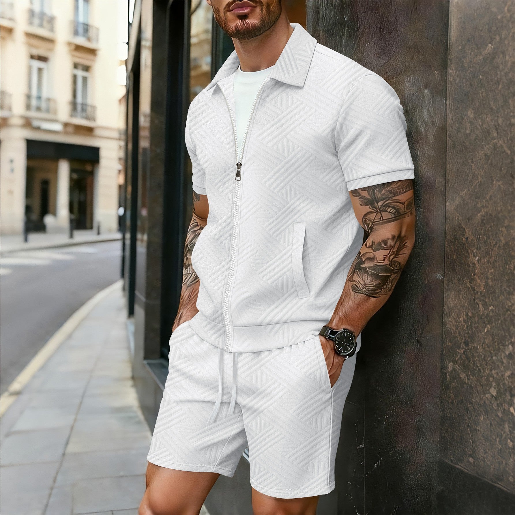 Conjunto de cárdigan jacquard con cremallera, chaqueta de manga corta y pantalones cortos