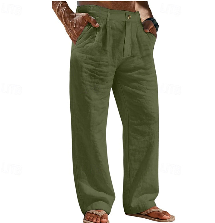 Pantalones de lino cómodos para vacaciones con bolsillos abotonados