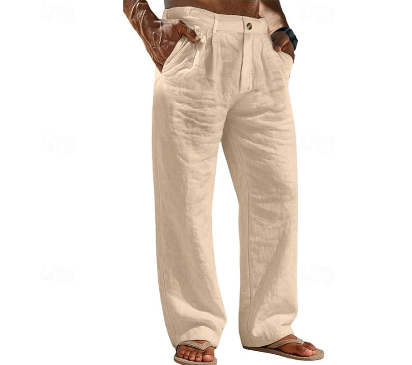 Pantalones de lino cómodos para vacaciones con bolsillos abotonados