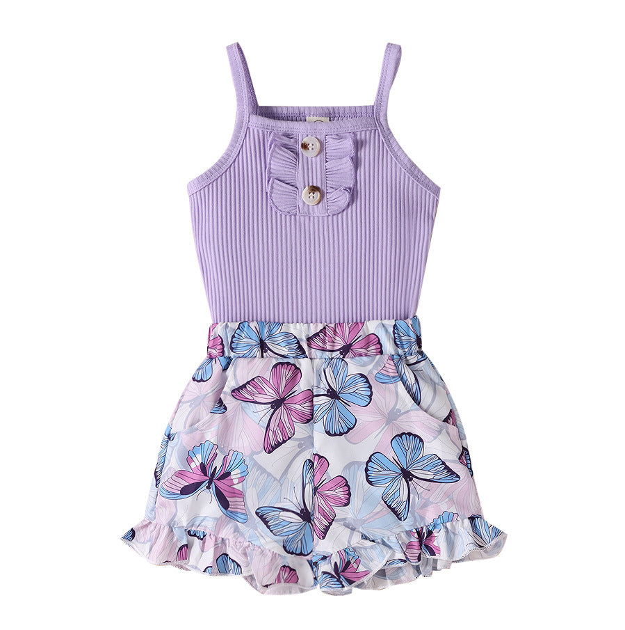 Conjunto Dos Piezas Niña Shorts Morados con Mariposas — Verano