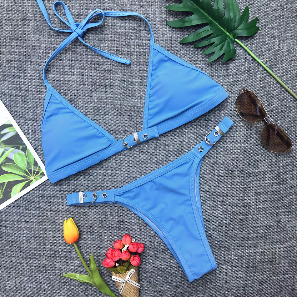 Traje de baño ajustable para mujer, bikini sexy, traje de baño liso, bikini tanga negro para mujer, traje de baño brasileño