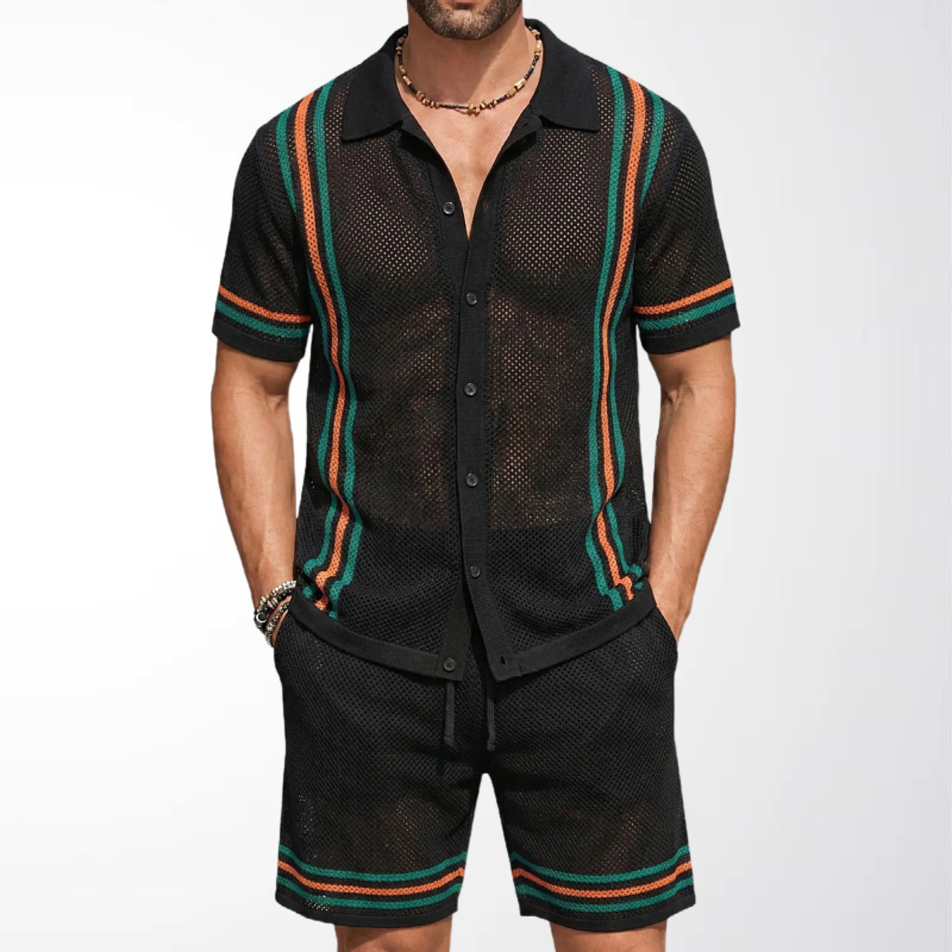 Conjunto de suéter de punto de manga corta con diseño calado para hombre