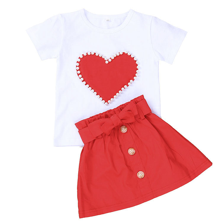 Girl's summer outfit white short-sleeve skirt with bow and pearls