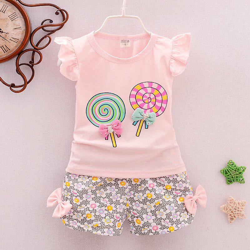 Korean Two-Piece Cartoon Print Girls' Cotton Children's Clothing Set