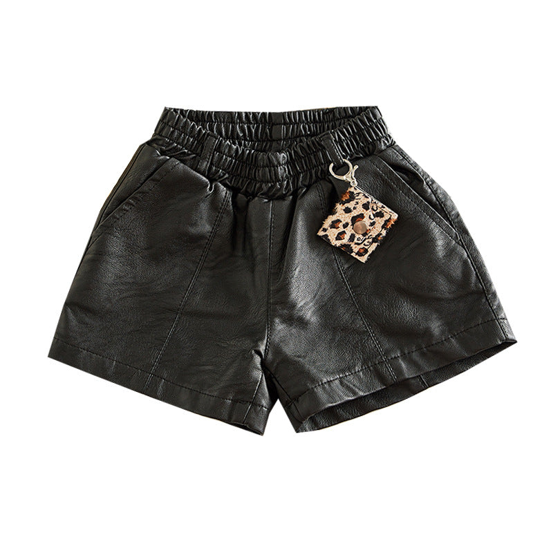 Pantalones Cortos de Cuero PU para Niñas — Cintura Alta Negro