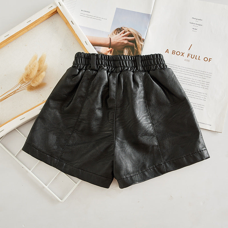 Pantalones Cortos de Cuero PU para Niñas — Cintura Alta Negro