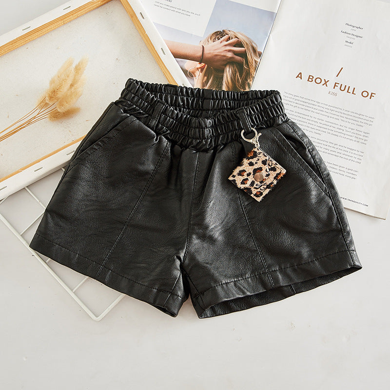 Pantalones Cortos de Cuero PU para Niñas — Cintura Alta Negro