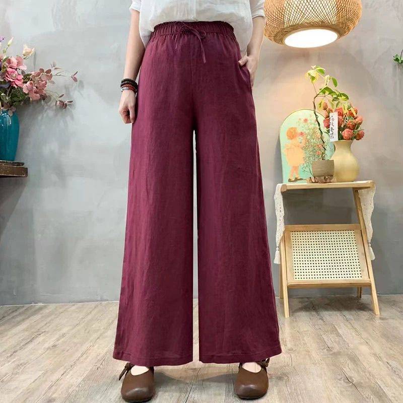 Pantalones holgados de talle alto de algodón y lino para mujer