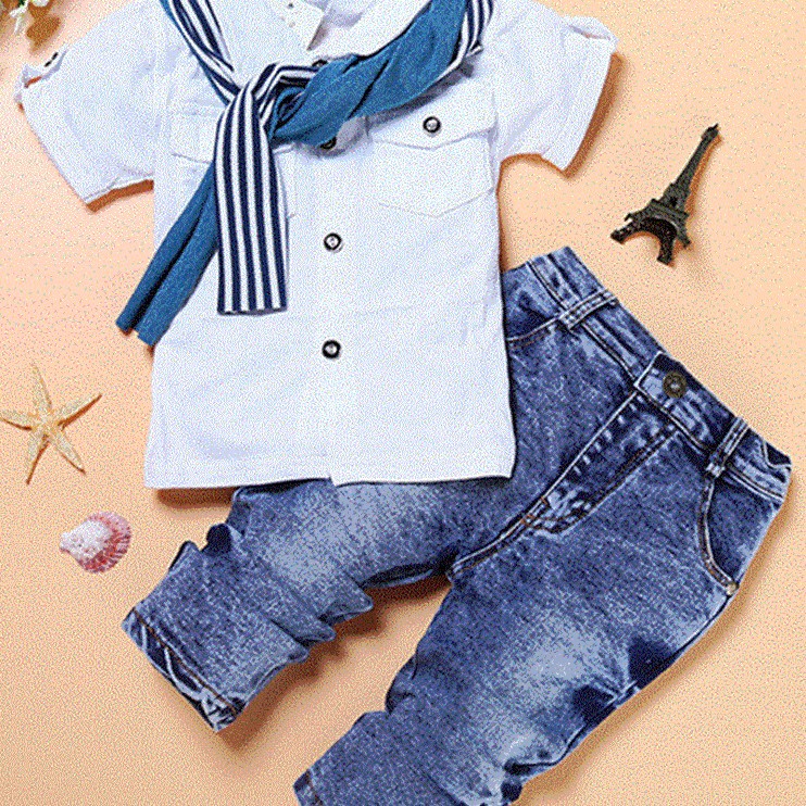 Conjunto Pantalón Vaquero y Camisa de Manga Corta para Niños