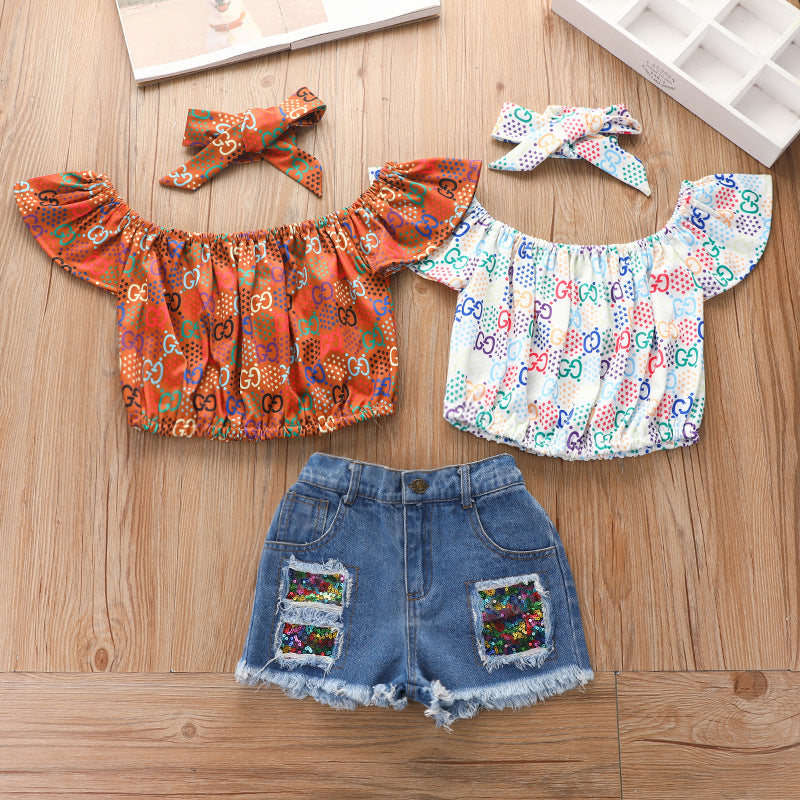 Conjunto Tres Piezas Niños Jersey Estampado y Shorts Vaqueros
