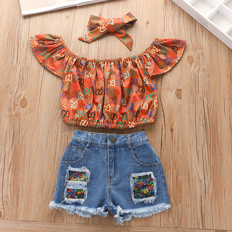 Conjunto Tres Piezas Niños Jersey Estampado y Shorts Vaqueros