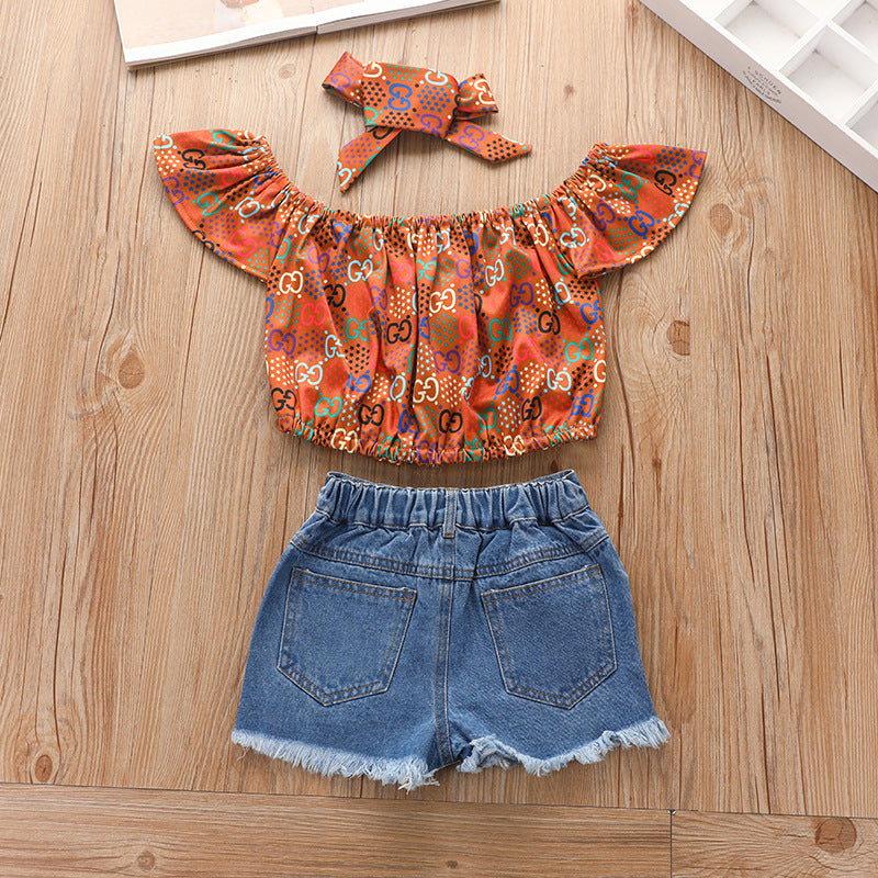 Conjunto Tres Piezas Niños Jersey Estampado y Shorts Vaqueros