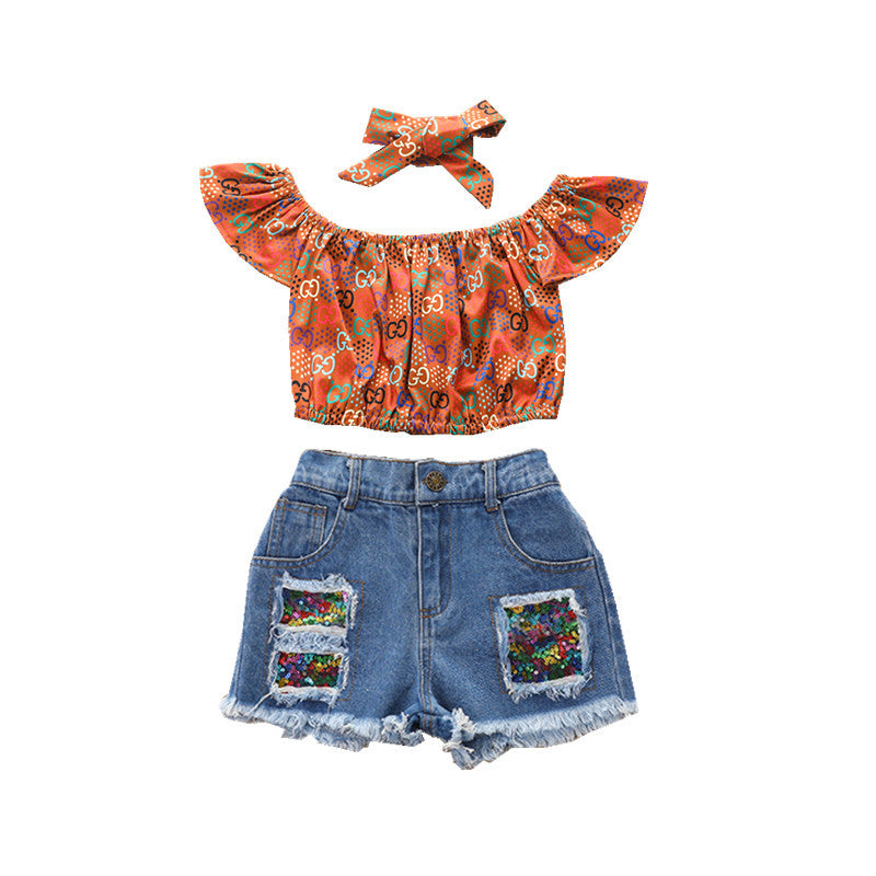 Conjunto Tres Piezas Niños Jersey Estampado y Shorts Vaqueros