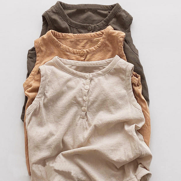 Camiseta Sin Mangas de Algodón con Botones y Cuello Redondo para Niños — Estilo Coreano